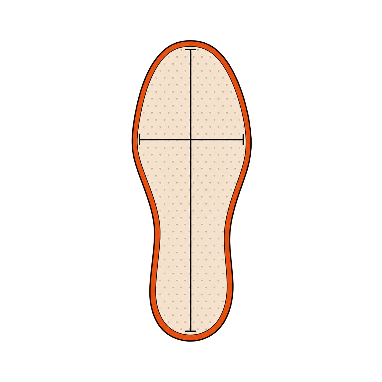 Minimal illustration of a shoe insole marked for length and width measurements