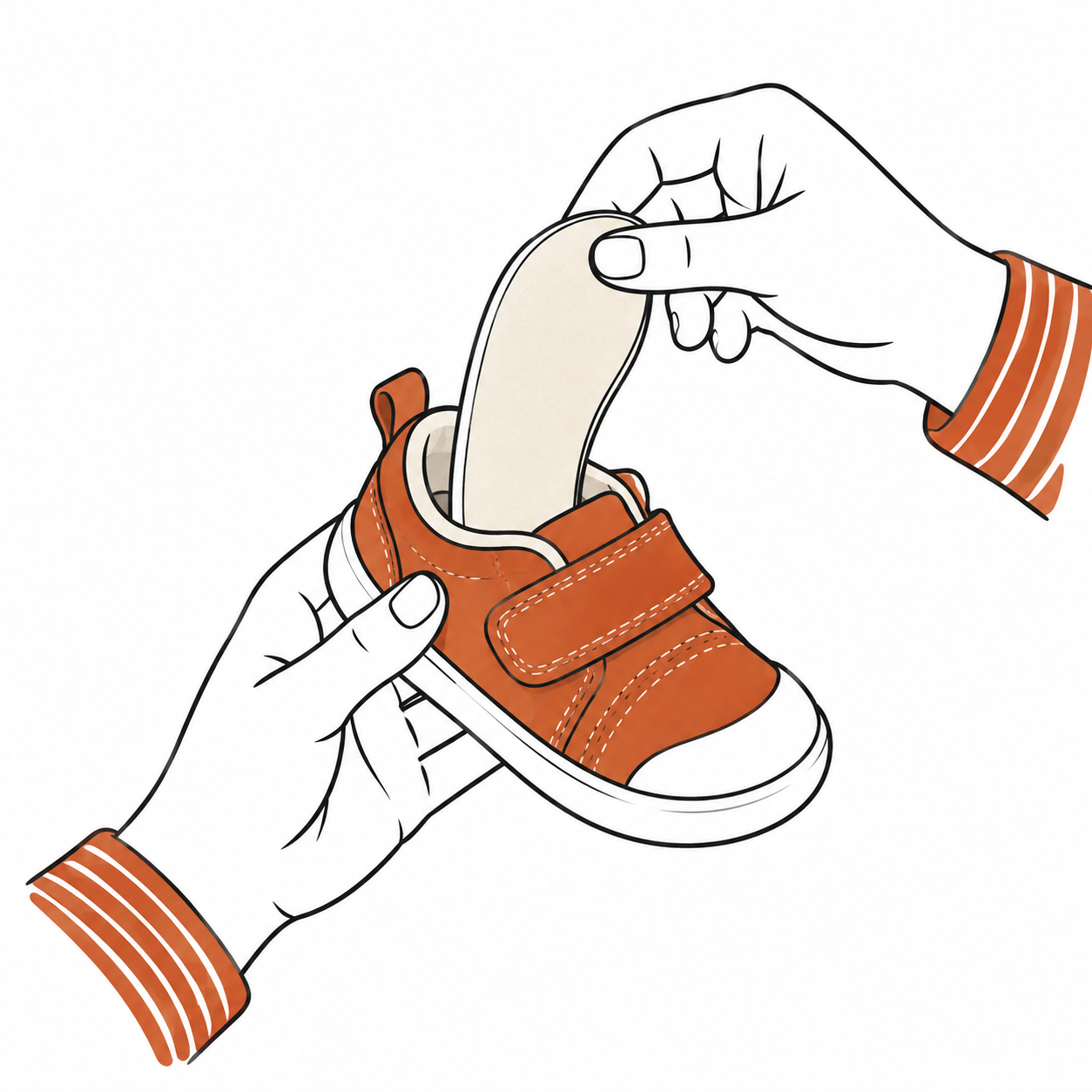 Hands removing the insole from an orange children's shoe