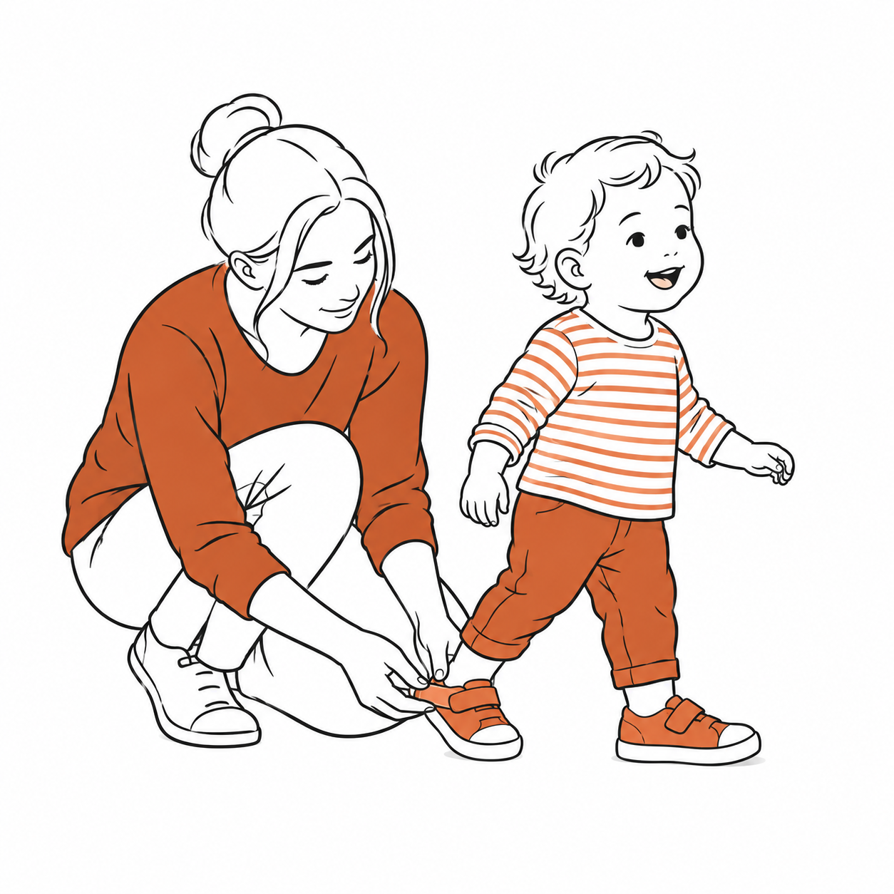 Parent helping a child put on an orange shoe